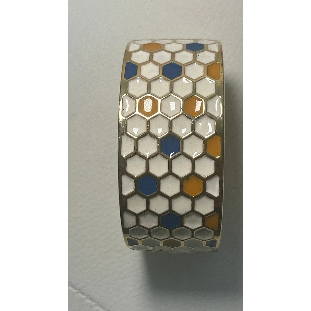 MMA Honeycomb‎ Enamel Bangle Watch Gold Blue White Art Deco Cuff